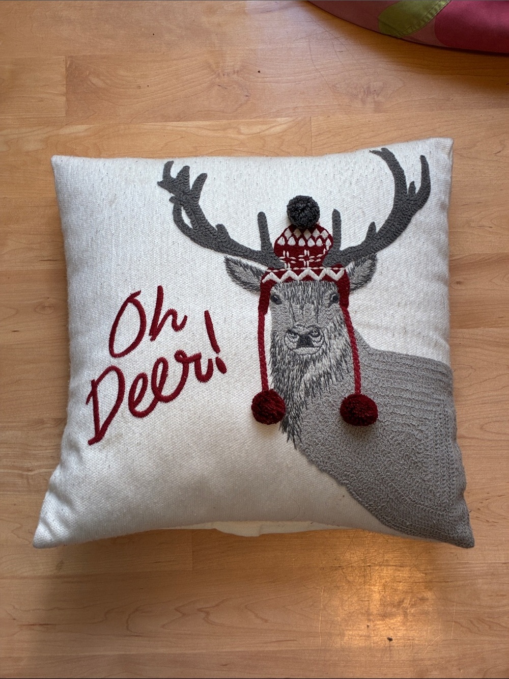 Holiday Deer Throw Pillow in Cream and Red